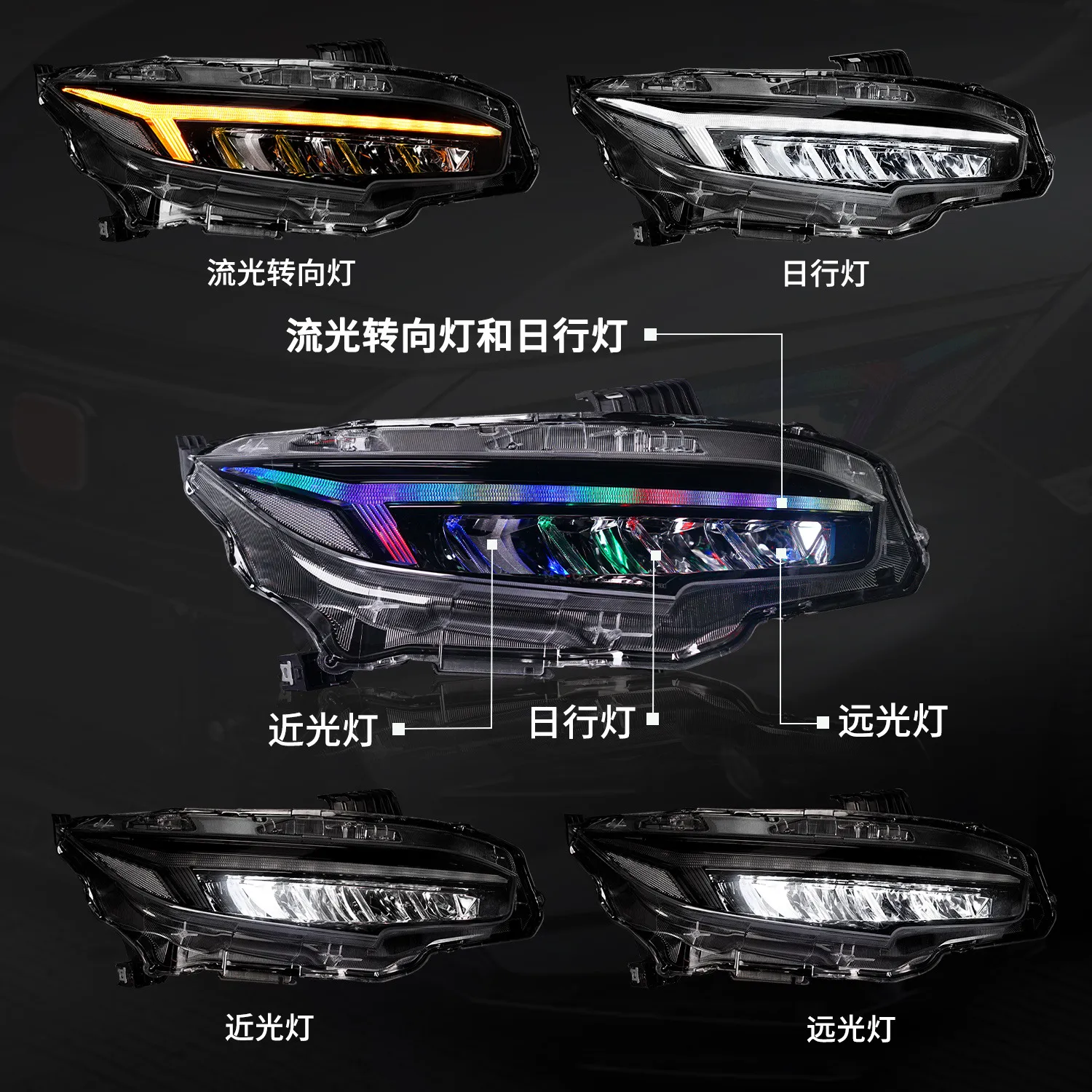 LED Headlight For HONDA CIVIC 10th 20 16-20 21 RGB Dragon Wing Style Headlight Dynamic Turning Signal Front Lamp