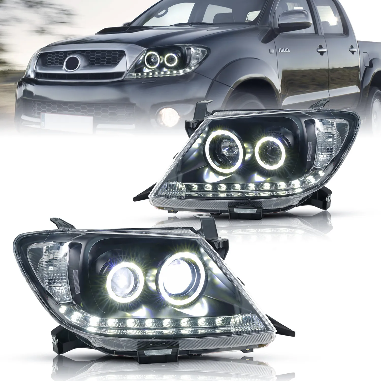 LED Dual Beam Lens Headlights for Toyota Hilux 2005-2011 Upgrade Highlight Front Lights Running Signal Headlamp