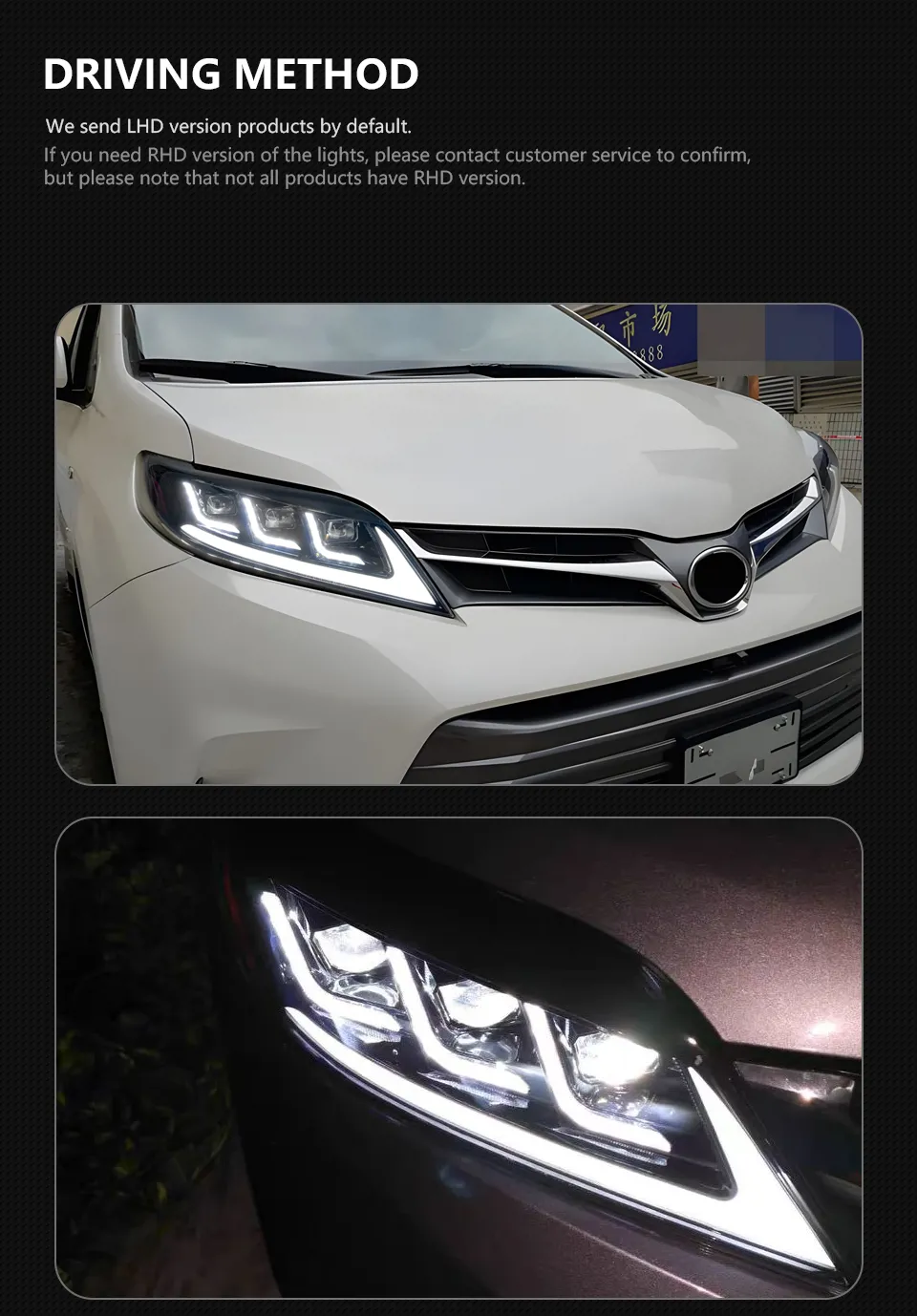 Car Lights Assembly for Toyota Sienna 2011-20 19 LED Turn Signal Daytime Light Hid Bi Xenon Auto Headlights Accessory