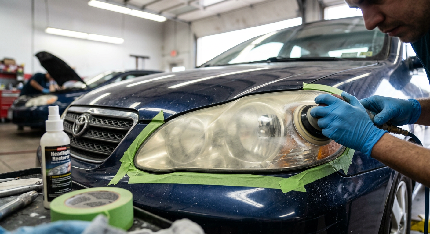 Technician polishing cloudy car headlight taped off with green painter's tape