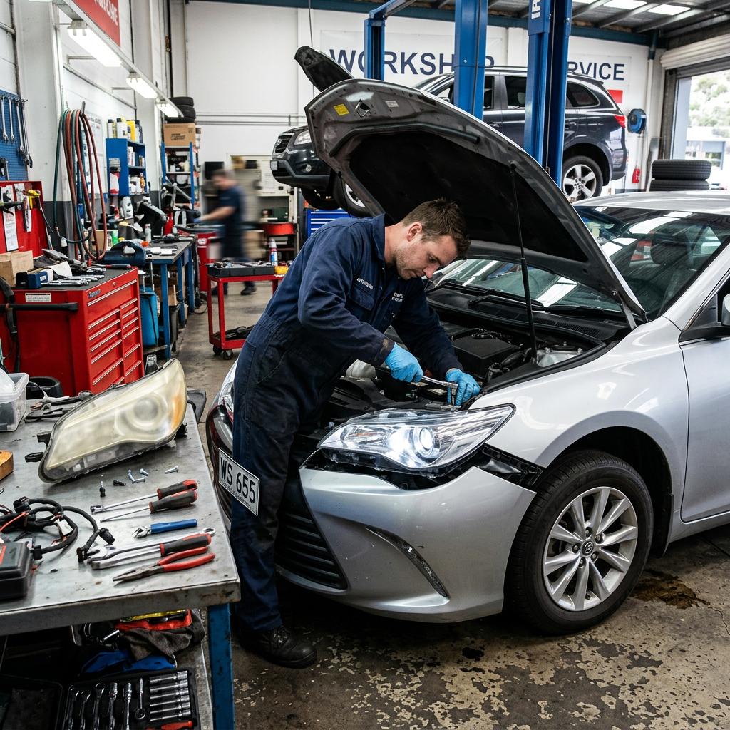 Mechanic fixing headlight on a silver car with open hood in auto repair shop