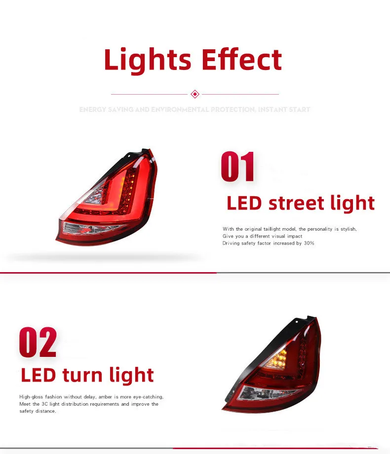 Auto Tail Lights For Ford Fiesta 2009-20 15 LED Street Lights Reversing Highlight Brake Taillight LED Turn Signal Lamp