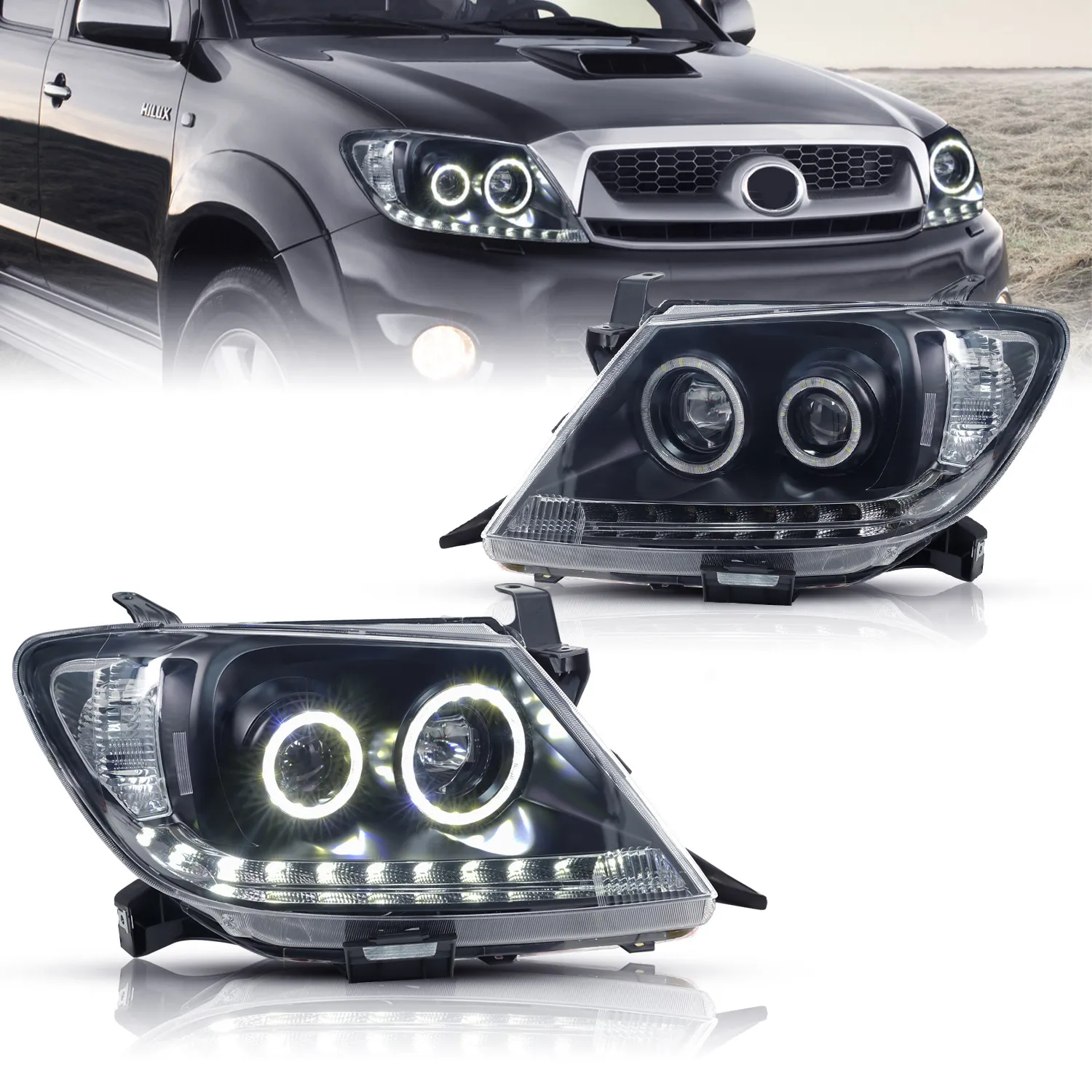 LED Dual Beam Lens Headlights for Toyota Hilux 2005-2011 Upgrade Highlight Front Lights Running Signal Headlamp