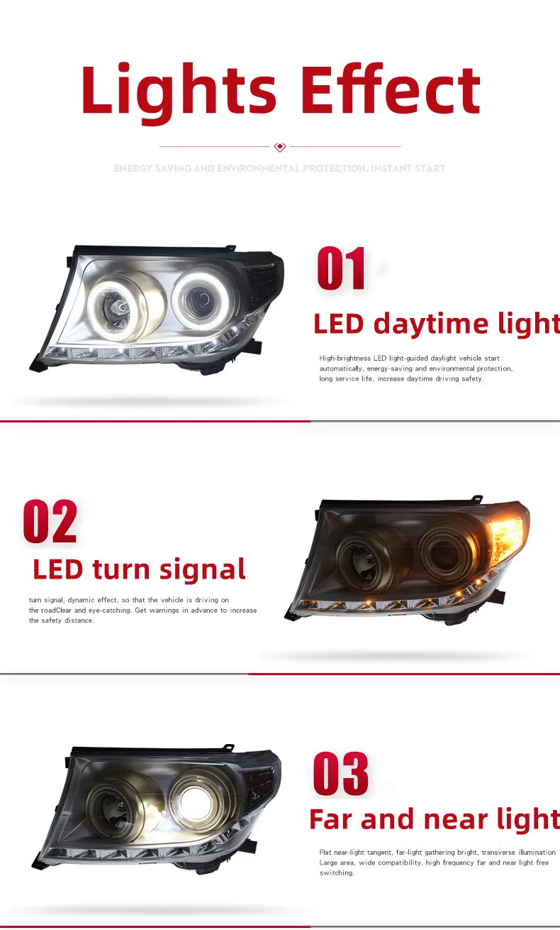 Car Light for Toyota 2007-20 15 Headlamp Assembly Land Cruiser Modified LED Daily Running Light Flow Turn Signal